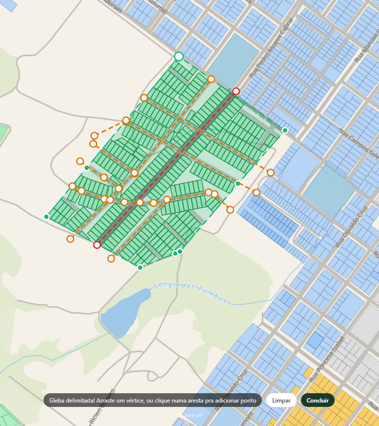 Gleba delimitada com lotes e ruas gerados automaticamente no Mapa XAP