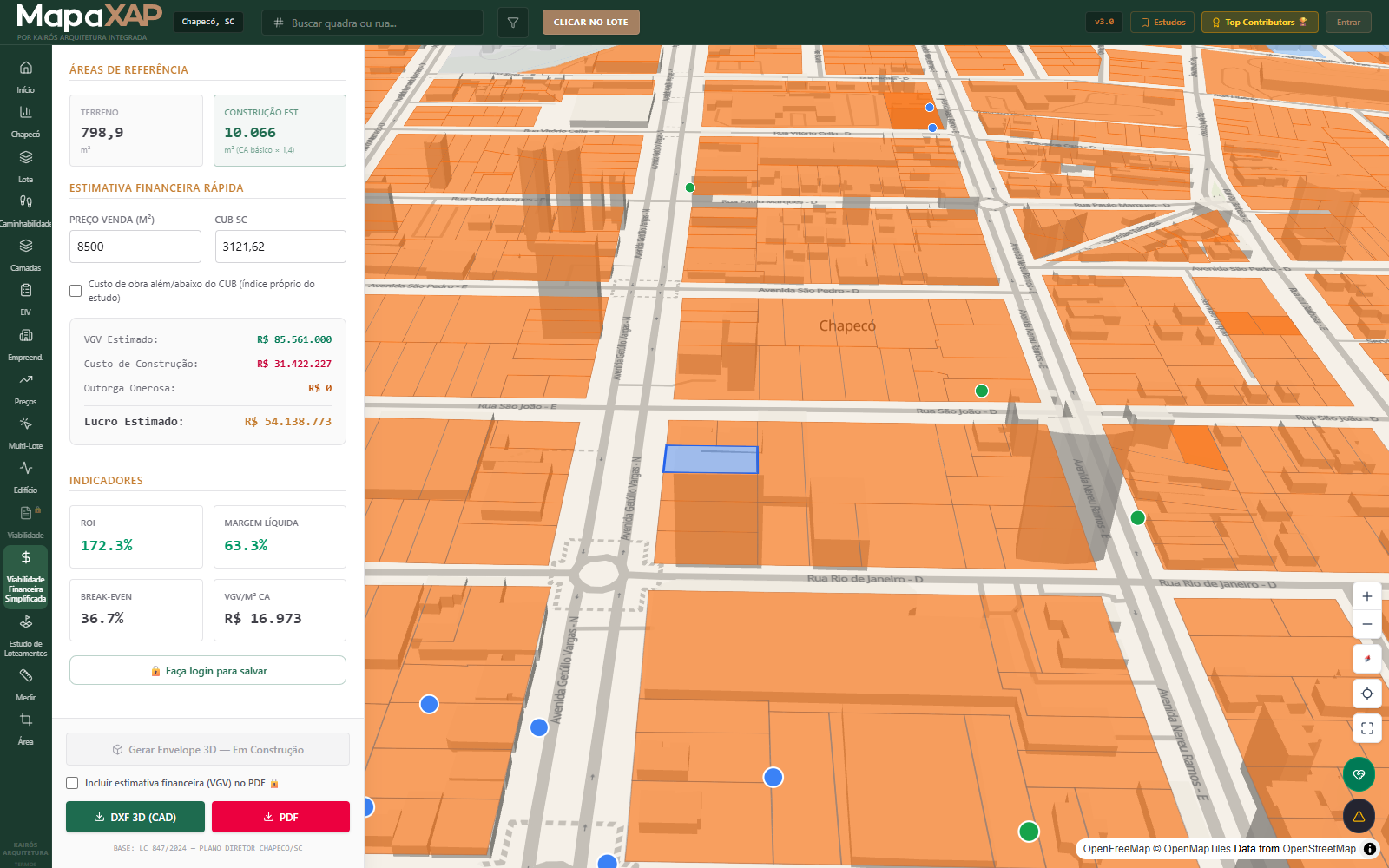 Painel de Viabilidade Financeira Simplificada com VGV e ROI no Mapa XAP