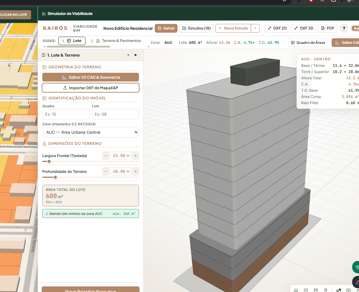 Simulador de Viabilidade do Mapa XAP com volumetria 3D do edifício